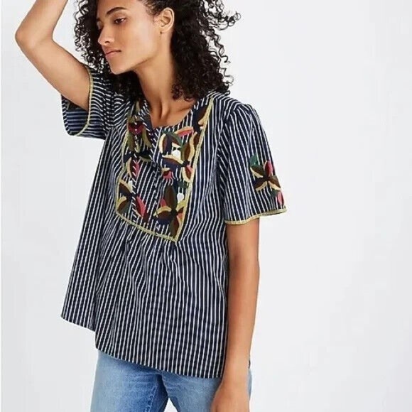 Madewell Fable Top Embroidered Stripe Popover Navy Short Sleeve Cotton XS H7398 - Picture 2 of 8